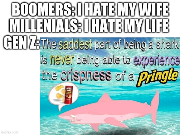 Pringle |  BOOMERS: I HATE MY WIFE
MILLENIALS: I HATE MY LIFE; GEN Z: | image tagged in great white shark,gen z | made w/ Imgflip meme maker