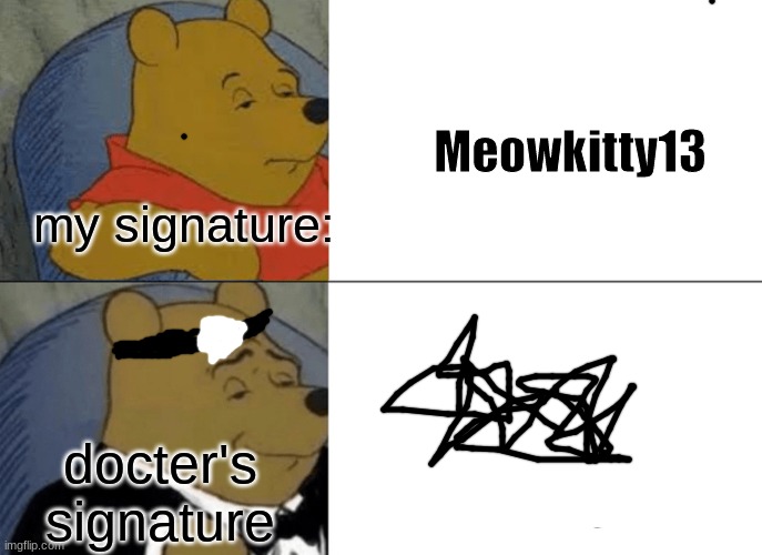 So annoying | Meowkitty13; my signature:; docter's signature | image tagged in memes,tuxedo winnie the pooh | made w/ Imgflip meme maker