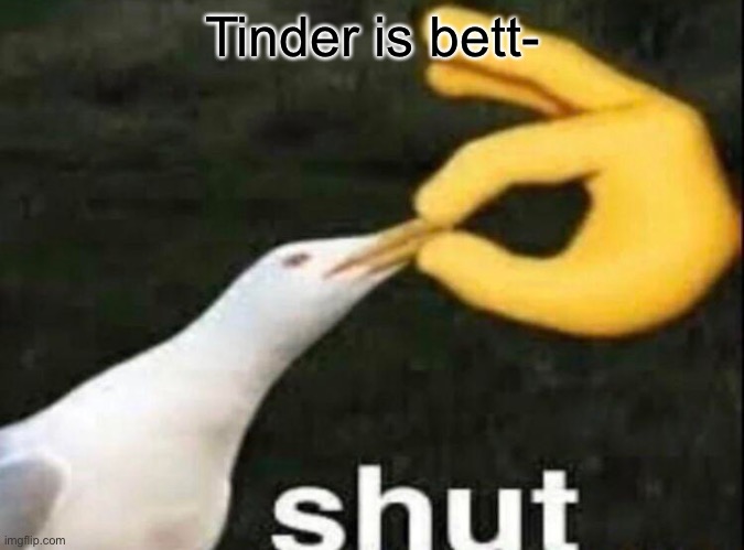 SHUT | Tinder is bett- | image tagged in shut | made w/ Imgflip meme maker