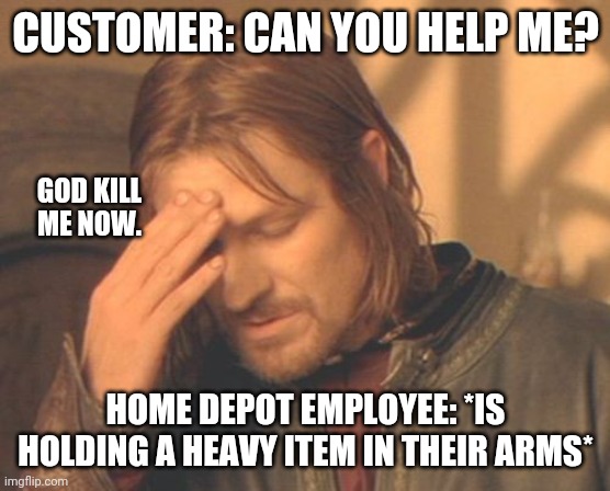 Home Depot help |  CUSTOMER: CAN YOU HELP ME? GOD KILL ME NOW. HOME DEPOT EMPLOYEE: *IS HOLDING A HEAVY ITEM IN THEIR ARMS* | image tagged in memes,frustrated boromir | made w/ Imgflip meme maker