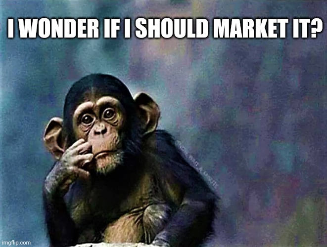Thinking Monkey | I WONDER IF I SHOULD MARKET IT? | image tagged in thinking monkey | made w/ Imgflip meme maker