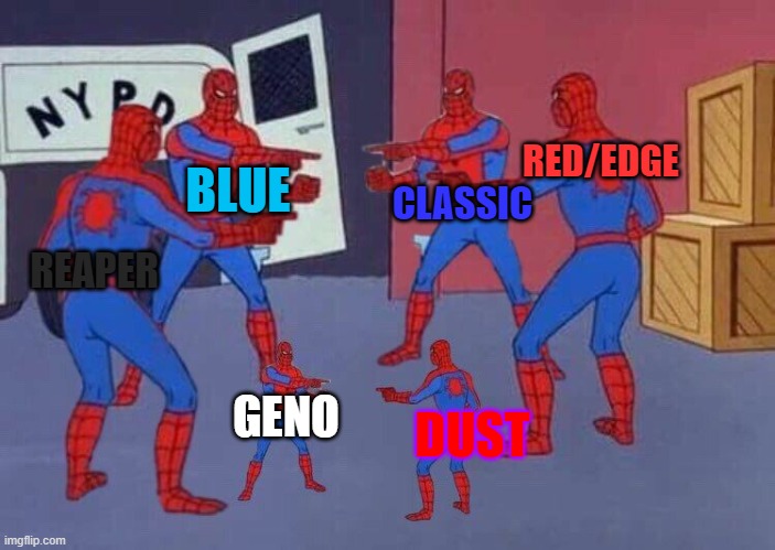 Sans's get together & wondering how there r more of themselves | BLUE; RED/EDGE; CLASSIC; REAPER; GENO; DUST | image tagged in 6 spiderman,undertale | made w/ Imgflip meme maker