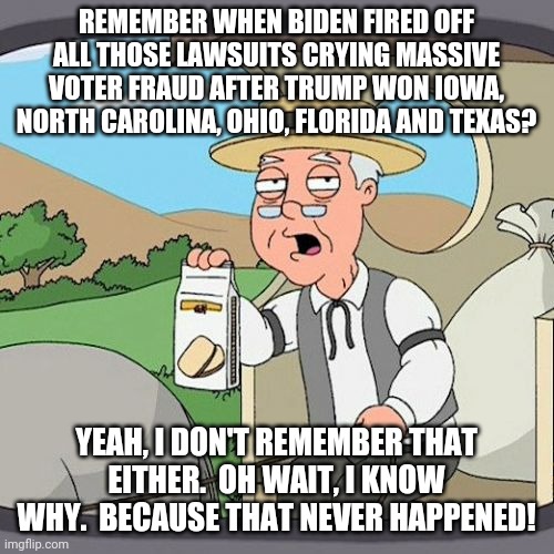 Pepperidge Farm doesn't remember. | REMEMBER WHEN BIDEN FIRED OFF ALL THOSE LAWSUITS CRYING MASSIVE VOTER FRAUD AFTER TRUMP WON IOWA, NORTH CAROLINA, OHIO, FLORIDA AND TEXAS? YEAH, I DON'T REMEMBER THAT EITHER.  OH WAIT, I KNOW WHY.  BECAUSE THAT NEVER HAPPENED! | image tagged in memes,pepperidge farm remembers,voter fraud | made w/ Imgflip meme maker