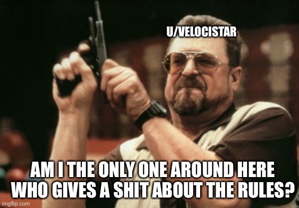Am I The Only One Around Here Meme | U/VELOCISTAR; AM I THE ONLY ONE AROUND HERE WHO GIVES A SHIT ABOUT THE RULES? | image tagged in memes,am i the only one around here | made w/ Imgflip meme maker