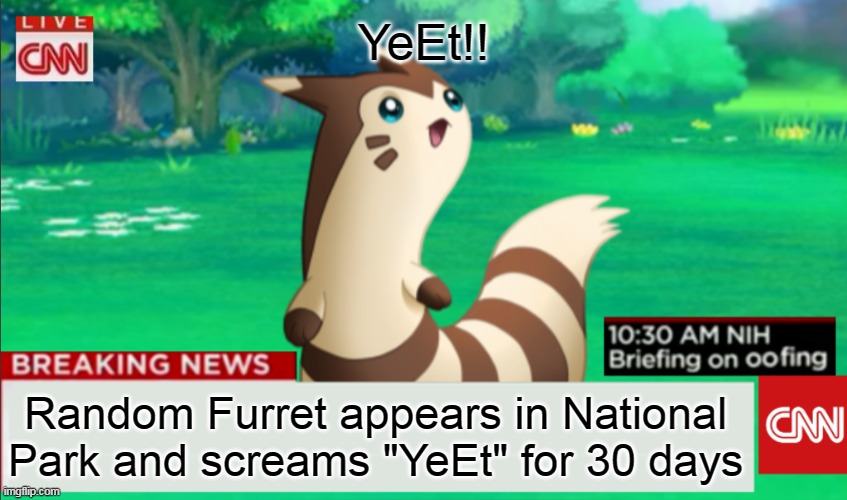xD | YeEt!! Random Furret appears in National Park and screams "YeEt" for 30 days | image tagged in breaking news furret | made w/ Imgflip meme maker
