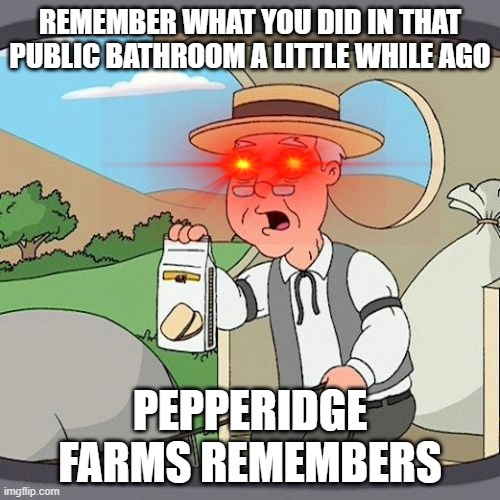 Pepperidge Farm Remembers | REMEMBER WHAT YOU DID IN THAT PUBLIC BATHROOM A LITTLE WHILE AGO; PEPPERIDGE FARMS REMEMBERS | image tagged in memes,pepperidge farm remembers | made w/ Imgflip meme maker