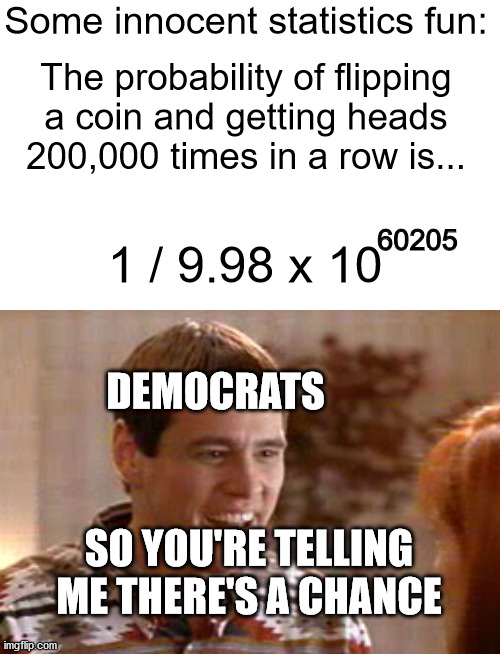 Some innocent statistics fun:; The probability of flipping a coin and getting heads 200,000 times in a row is... 60205; 1 / 9.98 x 10; DEMOCRATS; SO YOU'RE TELLING ME THERE'S A CHANCE | image tagged in calculating meme,voter fraud,joe biden,election 2020,math | made w/ Imgflip meme maker