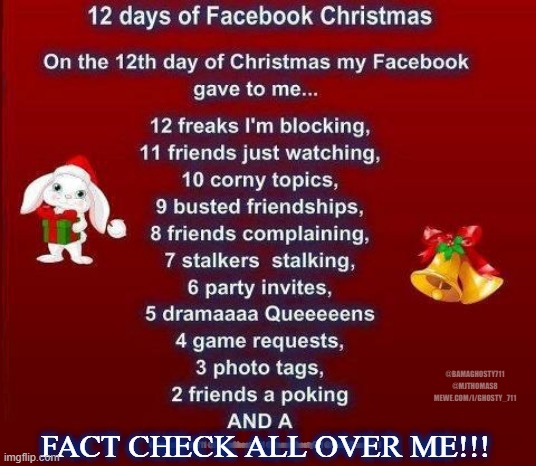 Twelve Days Of Christmas |  @BAMAGHOSTY711   @MJTHOMAS8  
 MEWE.COM/I/GHOSTY_711; FACT CHECK ALL OVER ME!!! @BamaGhosty711 @BamaGhosty711 @BamaGhosty711 @BamaGhosty711 | image tagged in fact check,merry christmas,facebook,holidays,12 days of christmas,trump 2020 | made w/ Imgflip meme maker