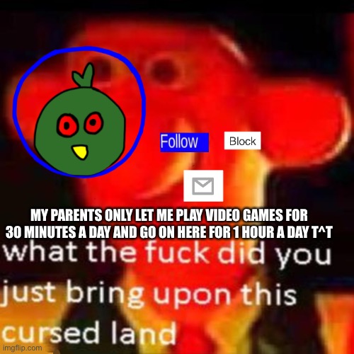 And they get super mad when I find a way to get past the restrictions and it makes me feel guilty | MY PARENTS ONLY LET ME PLAY VIDEO GAMES FOR 30 MINUTES A DAY AND GO ON HERE FOR 1 HOUR A DAY T^T | made w/ Imgflip meme maker