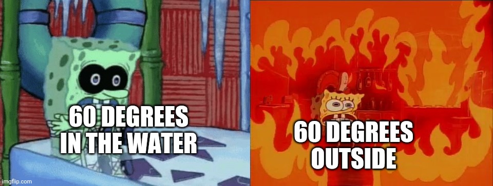 spongebob cold hot | 60 DEGREES OUTSIDE; 60 DEGREES IN THE WATER | image tagged in spongebob cold hot | made w/ Imgflip meme maker