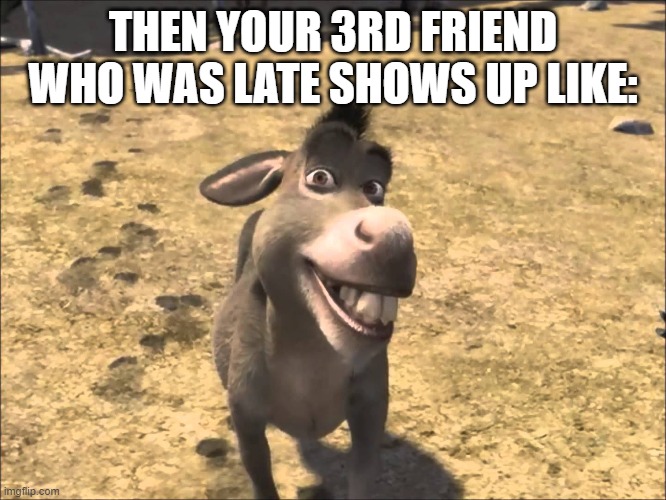 Donkey Shrek | THEN YOUR 3RD FRIEND WHO WAS LATE SHOWS UP LIKE: | image tagged in donkey shrek | made w/ Imgflip meme maker