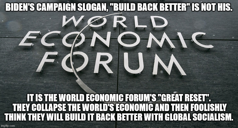 Massive voter fraud and a massive cover up were needed to get the UN's man in office.  Welcome to the end of your freedom. | BIDEN'S CAMPAIGN SLOGAN, "BUILD BACK BETTER" IS NOT HIS. IT IS THE WORLD ECONOMIC FORUM'S "GREAT RESET".  THEY COLLAPSE THE WORLD'S ECONOMIC AND THEN FOOLISHLY THINK THEY WILL BUILD IT BACK BETTER WITH GLOBAL SOCIALISM. | image tagged in freedom's end,new world order,conspiracy fact | made w/ Imgflip meme maker