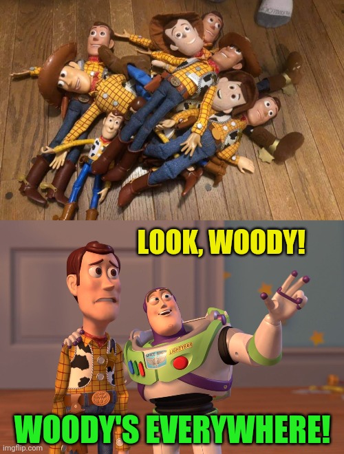 Woody's on Woody's | LOOK, WOODY! WOODY'S EVERYWHERE! | image tagged in memes,woody,buzz and woody,toy story,autistic,kids | made w/ Imgflip meme maker