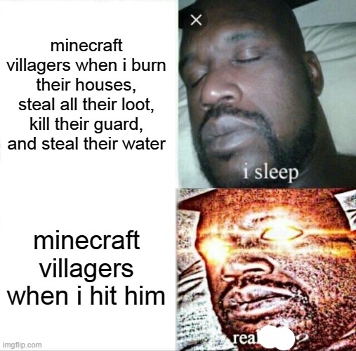 Sleeping Shaq | minecraft villagers when i burn their houses, steal all their loot, kill their guard, and steal their water; minecraft villagers when i hit him | image tagged in memes,sleeping shaq | made w/ Imgflip meme maker