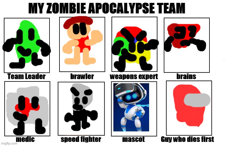 lol | image tagged in my zombie apocalypse team,bfdi,inanimate insanity,inanimate animated battle,among us red is kinda sus,astro bot | made w/ Imgflip meme maker
