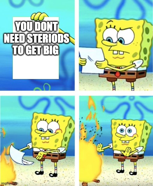 Spongebob Burning Paper | YOU DONT NEED STERIODS TO GET BIG | image tagged in spongebob burning paper | made w/ Imgflip meme maker
