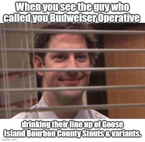 Budweiser operative | When you see the guy who called you Budweiser Operative; drinking their line up of Goose Island Bourbon County Stouts & variants. | image tagged in jim office blinds,craft beer | made w/ Imgflip meme maker