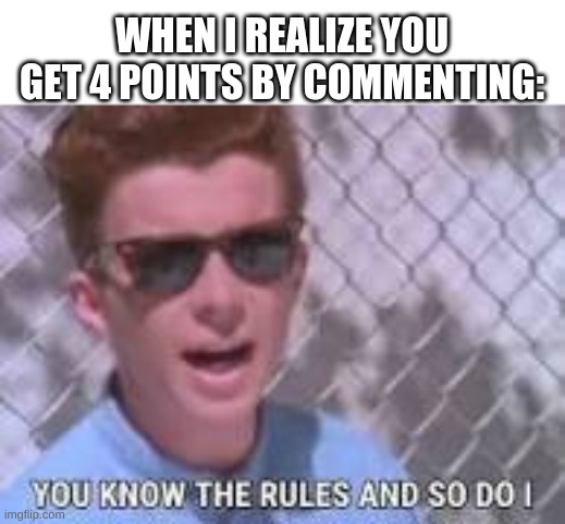 I WAS FARMING POINTS | WHEN I REALIZE YOU GET 4 POINTS BY COMMENTING: | image tagged in you know the rules and so do i,memes,funny,comments,points | made w/ Imgflip meme maker