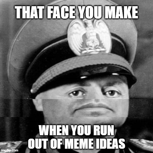 No, not me, I'm not out of ideas | THAT FACE YOU MAKE; WHEN YOU RUN OUT OF MEME IDEAS | image tagged in squished mussolini,memes | made w/ Imgflip meme maker