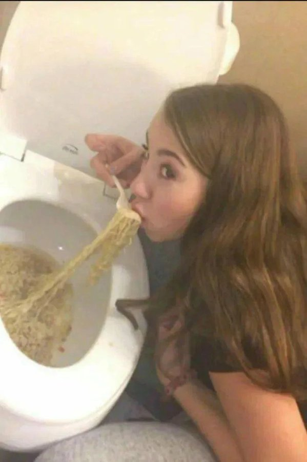 High Quality Girl eating noodles out of a toilet Blank Meme Template