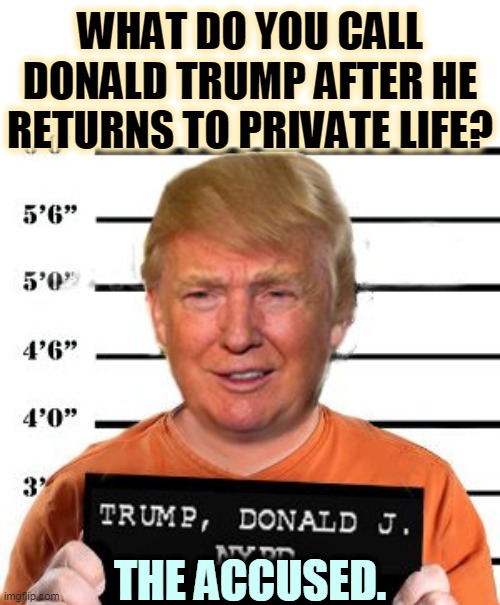 A criminal all his life. Now a loser, too. | WHAT DO YOU CALL DONALD TRUMP AFTER HE RETURNS TO PRIVATE LIFE? THE ACCUSED. | image tagged in donald trump felon in chief,criminal,crooked,dirty,insane,nutcase | made w/ Imgflip meme maker