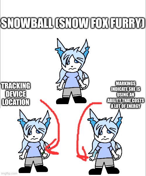 Yes, I kind of copied Cloudy’s style, I’m prepared to be yelled at, but I made this myself | SNOWBALL (SNOW FOX FURRY); MARKINGS INDICATE SHE IS USING AN ABILITY THAT COSTS A LOT OF ENERGY; TRACKING DEVICE LOCATION | image tagged in white background | made w/ Imgflip meme maker