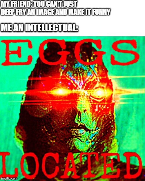 MY FRIEND: YOU CAN'T JUST DEEP FRY AN IMAGE AND MAKE IT FUNNY; ME AN INTELLECTUAL: | image tagged in i'm 15 so don't try it,who reads these | made w/ Imgflip meme maker