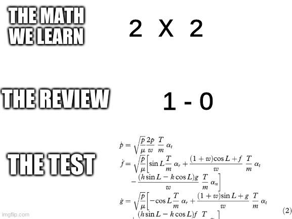 Math | 2 X 2; THE MATH WE LEARN; THE REVIEW; 1 - 0; THE TEST | image tagged in funny,memes,lmao,lol,haha | made w/ Imgflip meme maker