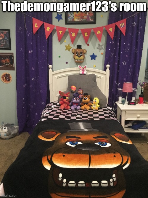 FNAF themed hotel room | Thedemongamer123's room | image tagged in fnaf themed hotel room | made w/ Imgflip meme maker