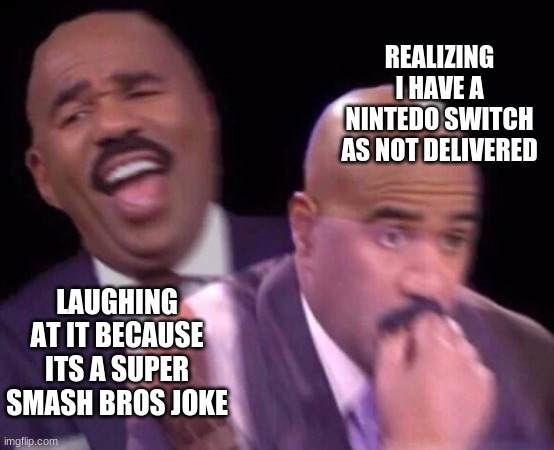 Steve Harvey Laughing Serious | LAUGHING AT IT BECAUSE ITS A SUPER SMASH BROS JOKE REALIZING I HAVE A NINTEDO SWITCH AS NOT DELIVERED | image tagged in steve harvey laughing serious | made w/ Imgflip meme maker