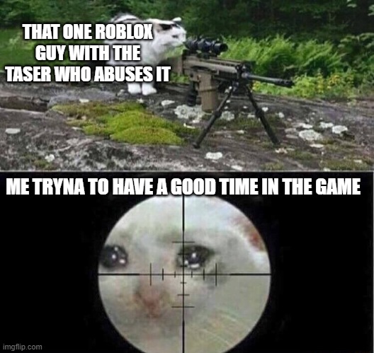 MEME | THAT ONE ROBLOX GUY WITH THE TASER WHO ABUSES IT; ME TRYNA TO HAVE A GOOD TIME IN THE GAME | image tagged in sniper cat | made w/ Imgflip meme maker