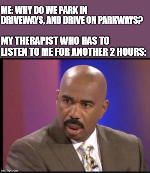 Steve Harvey that face when | ME: WHY DO WE PARK IN DRIVEWAYS, AND DRIVE ON PARKWAYS? MY THERAPIST WHO HAS TO LISTEN TO ME FOR ANOTHER 2 HOURS: | image tagged in steve harvey that face when,i'm 15 so don't try it,who reads these | made w/ Imgflip meme maker