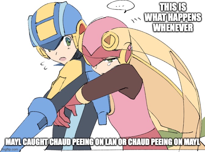 Roll.EXE Hugging Megaman.EXE | THIS IS WHAT HAPPENS WHENEVER; MAYL CAUGHT CHAUD PEEING ON LAN OR CHAUD PEEING ON MAYL | image tagged in megaman,megaman battle network,roll,memes | made w/ Imgflip meme maker