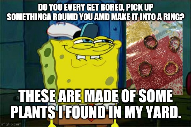 I get very very bored | DO YOU EVERY GET BORED, PICK UP SOMETHINGA ROUMD YOU AMD MAKE IT INTO A RING? THESE ARE MADE OF SOME PLANTS I FOUND IN MY YARD. | image tagged in memes,don't you squidward | made w/ Imgflip meme maker