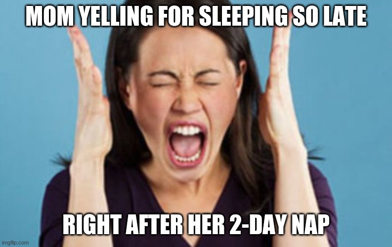 Yelling Mom | MOM YELLING FOR SLEEPING SO LATE; RIGHT AFTER HER 2-DAY NAP | image tagged in yelling mom | made w/ Imgflip meme maker