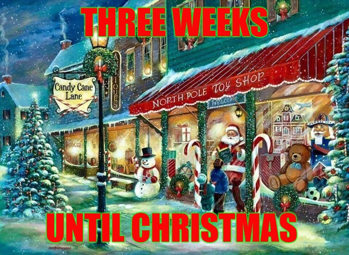 Three weeks until Christmas | THREE WEEKS; UNTIL CHRISTMAS | image tagged in holidays,christmas | made w/ Imgflip meme maker