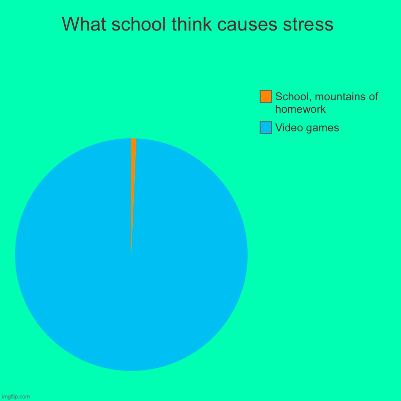 What school think causes stress | Video games, School, mountains of homework | image tagged in charts,pie charts | made w/ Imgflip chart maker