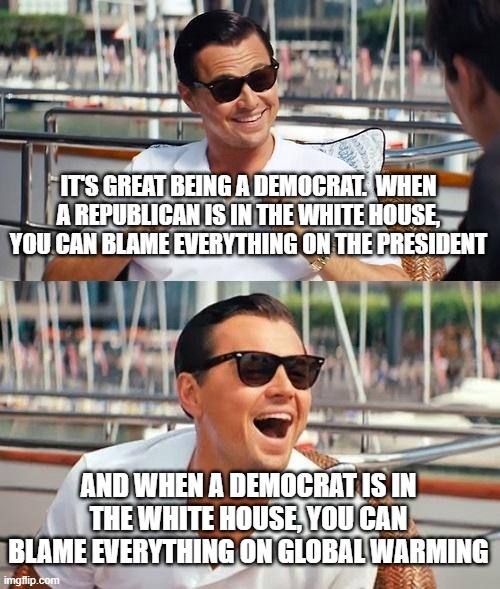 Leonardo Dicaprio Wolf Of Wall Street Meme | IT'S GREAT BEING A DEMOCRAT.  WHEN A REPUBLICAN IS IN THE WHITE HOUSE, YOU CAN BLAME EVERYTHING ON THE PRESIDENT; AND WHEN A DEMOCRAT IS IN THE WHITE HOUSE, YOU CAN BLAME EVERYTHING ON GLOBAL WARMING | image tagged in memes,leonardo dicaprio wolf of wall street | made w/ Imgflip meme maker