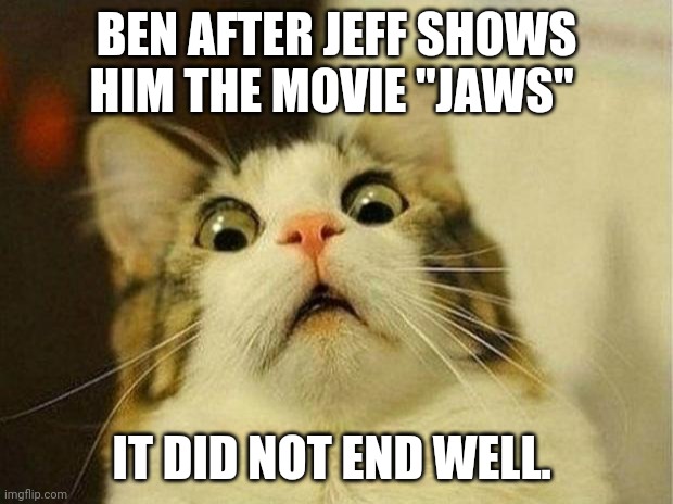 OK Ben let's get you to somewhere cozy. | BEN AFTER JEFF SHOWS HIM THE MOVIE "JAWS"; IT DID NOT END WELL. | image tagged in memes,scared cat | made w/ Imgflip meme maker