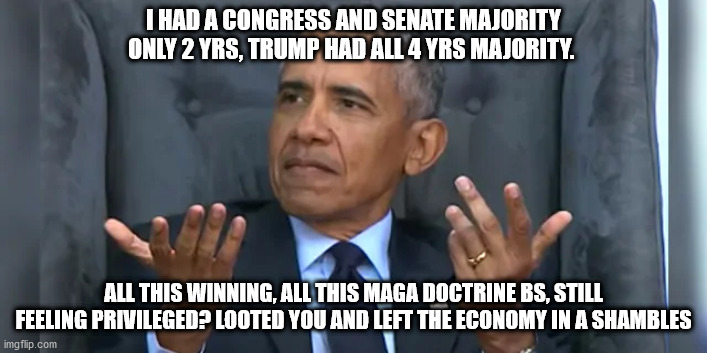 obama versus trump | I HAD A CONGRESS AND SENATE MAJORITY ONLY 2 YRS, TRUMP HAD ALL 4 YRS MAJORITY. ALL THIS WINNING, ALL THIS MAGA DOCTRINE BS, STILL FEELING PRIVILEGED? LOOTED YOU AND LEFT THE ECONOMY IN A SHAMBLES | image tagged in donald trump | made w/ Imgflip meme maker