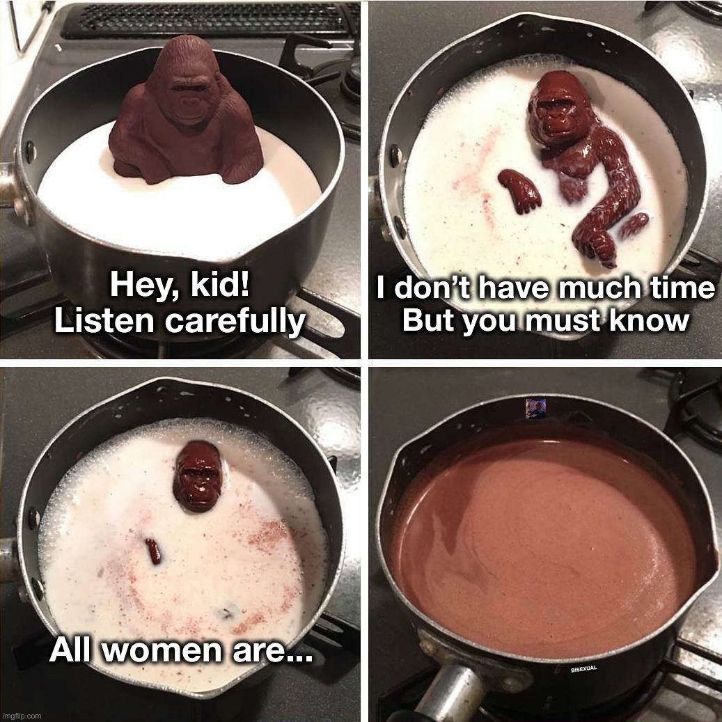 chocolate gorilla | Hey, kid!
Listen carefully; I don’t have much time
But you must know; All women are... | image tagged in chocolate gorilla,women,so true | made w/ Imgflip meme maker