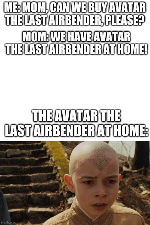 The Avatar at home: | ME: MOM, CAN WE BUY AVATAR THE LAST AIRBENDER, PLEASE? MOM: WE HAVE AVATAR THE LAST AIRBENDER AT HOME! THE AVATAR THE LAST AIRBENDER AT HOME: | image tagged in avatar the last airbender,the food at home | made w/ Imgflip meme maker