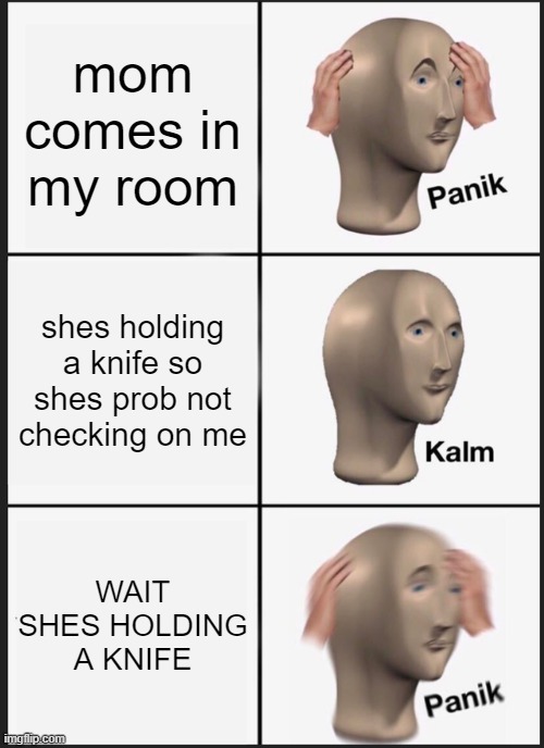 mom | mom comes in my room; shes holding a knife so shes prob not checking on me; WAIT SHES HOLDING A KNIFE | image tagged in memes,panik kalm panik | made w/ Imgflip meme maker