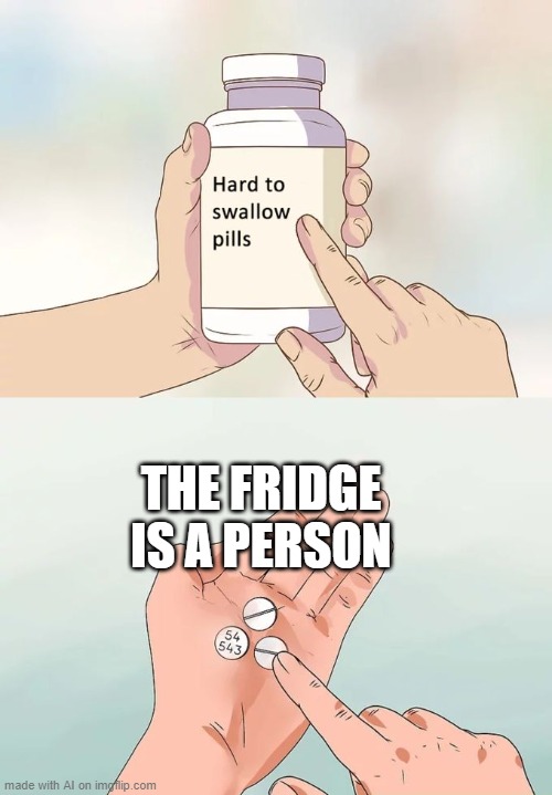 What | THE FRIDGE IS A PERSON | image tagged in memes,hard to swallow pills | made w/ Imgflip meme maker