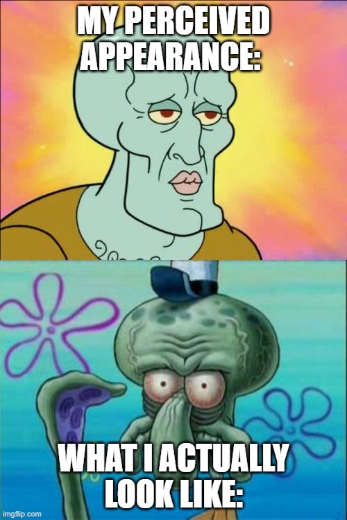 T^T | MY PERCEIVED APPEARANCE:; WHAT I ACTUALLY LOOK LIKE: | image tagged in memes,squidward | made w/ Imgflip meme maker