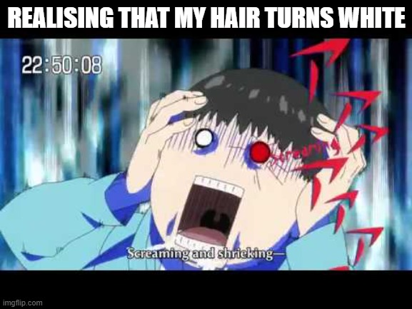 Tokyo ghoul | REALISING THAT MY HAIR TURNS WHITE | image tagged in tokyo ghoul | made w/ Imgflip meme maker