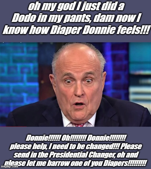 Rudy Guiliani did a DoDo!! | oh my god I just did a Dodo in my pants, dam now I know how Diaper Donnie feels!!! Donnie!!!!!! Oh!!!!!!!! Donnie!!!!!!!! please help, I need to be changed!!! Please send in the Presidential Changer, oh and please let me barrow one of you Diapers!!!!!!!!! | image tagged in rudy giuliani,img | made w/ Imgflip meme maker