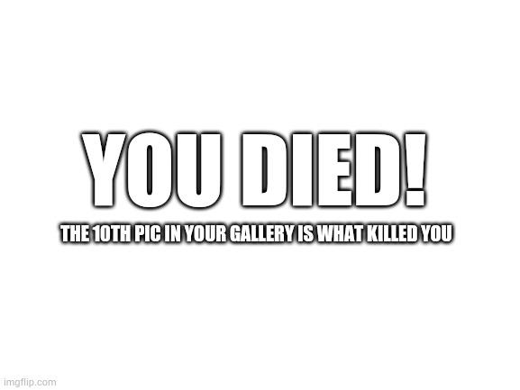 Send the picture in your comments | YOU DIED! THE 10TH PIC IN YOUR GALLERY IS WHAT KILLED YOU | image tagged in blank white template | made w/ Imgflip meme maker