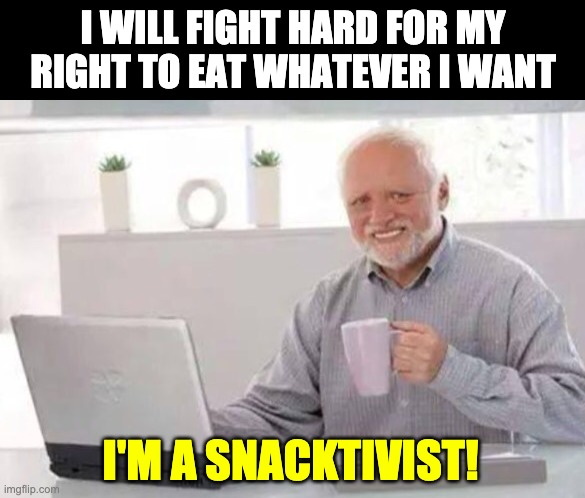 snacktivist | I WILL FIGHT HARD FOR MY RIGHT TO EAT WHATEVER I WANT; I'M A SNACKTIVIST! | image tagged in harold | made w/ Imgflip meme maker