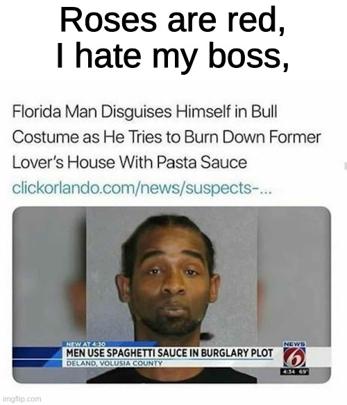 Roses are red, I hate my boss, | image tagged in memes,roses are red violets are are blue,funny,florida man | made w/ Imgflip meme maker